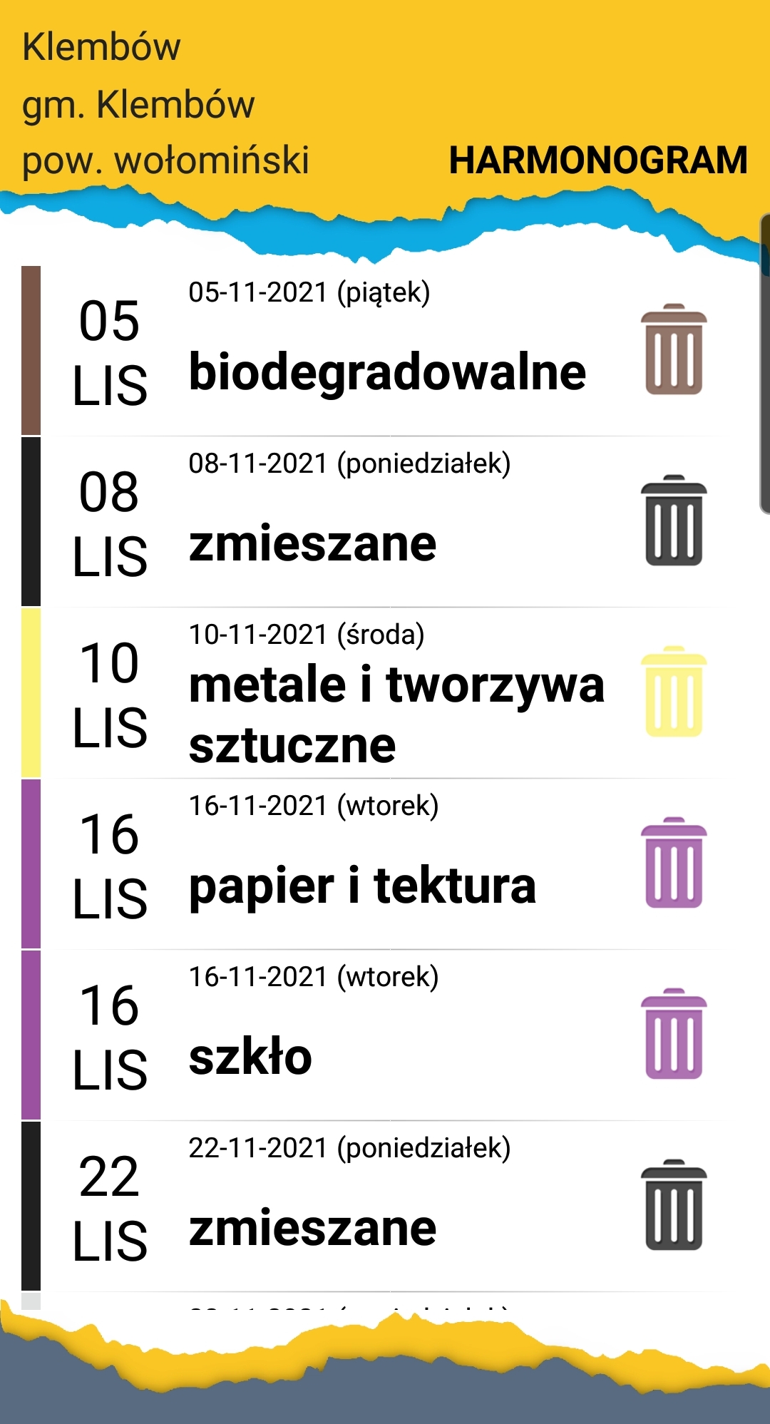 Ekran aplikacji Kiedy Śmieci z harmonogram odbioru odpadów na najbliższe kilkanaście dni