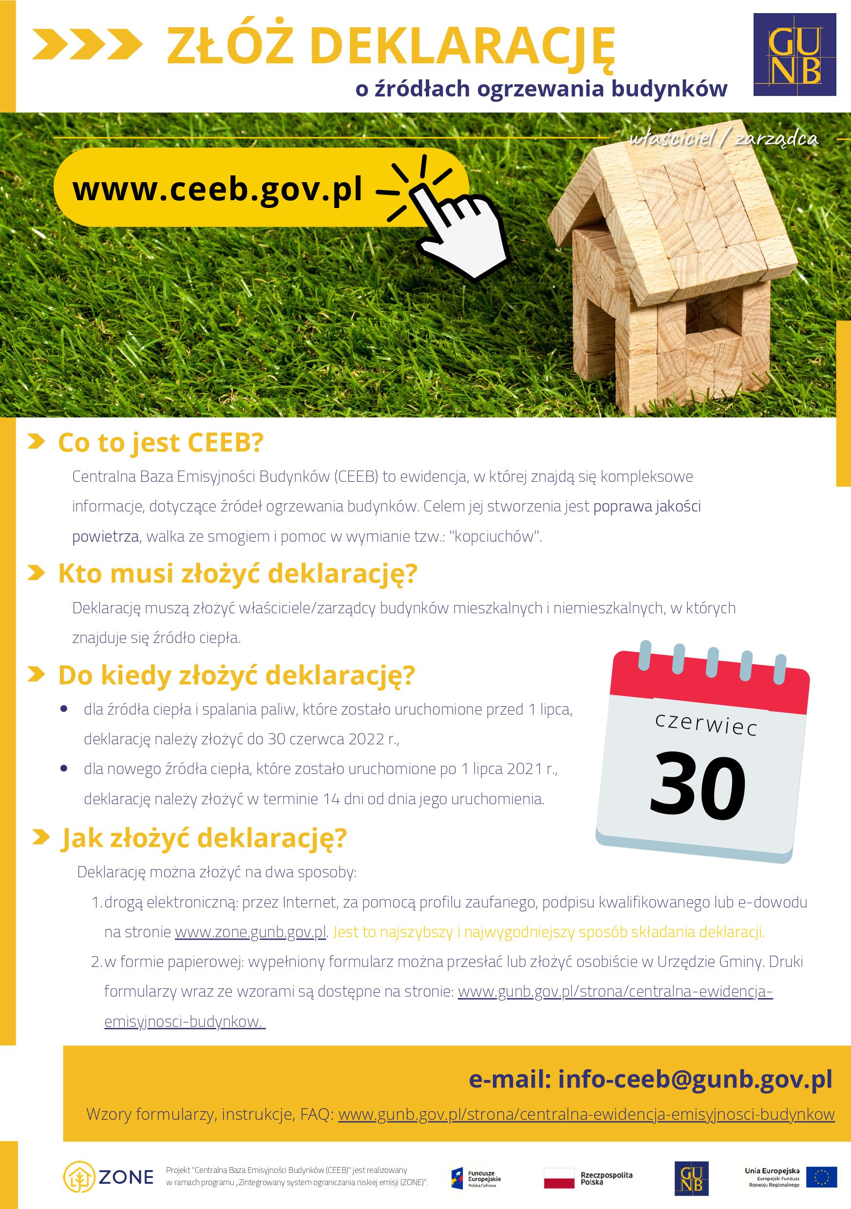 Przypominamy, że od 1 lipca 2021 r właściciele i zarządcy budynków mają obowiązek zgłoszenia źródła ogrzewania do Centralnej Ewidencji Emisyjności Budynków (CEEB)*. Deklaracje, można składać online, bezpośrednio w CEEB lub w wersji papierowej, za pośrednictwem urzędu gminy;