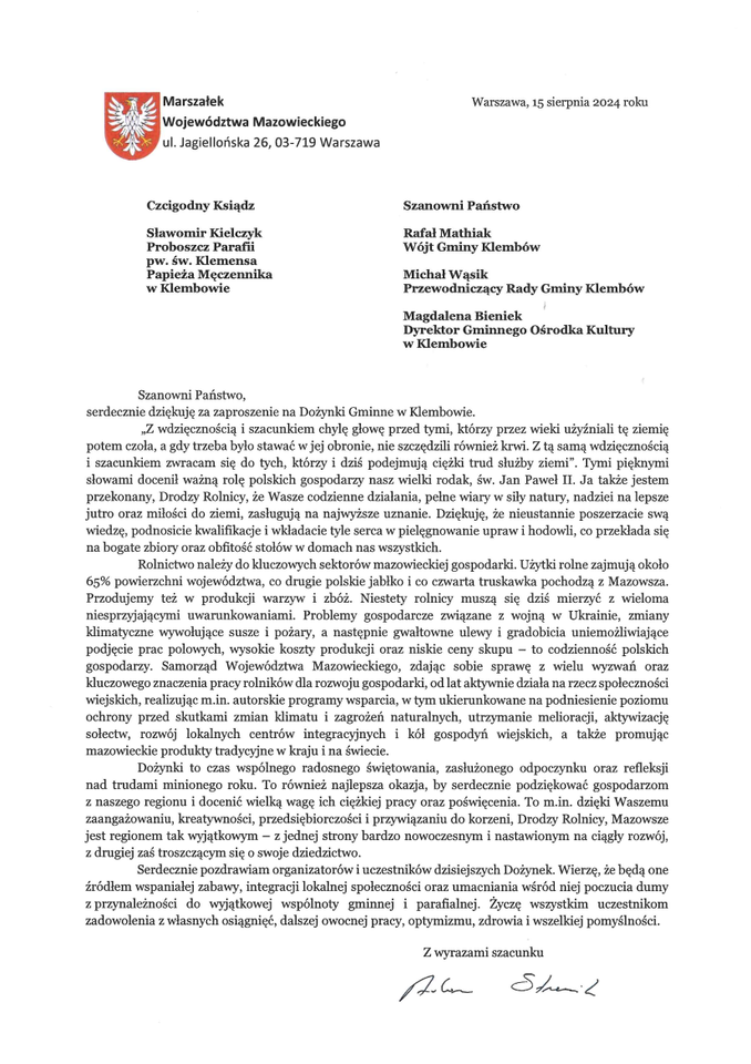 List od Marszałka Województwa Mazowieckiego Adama Struzika